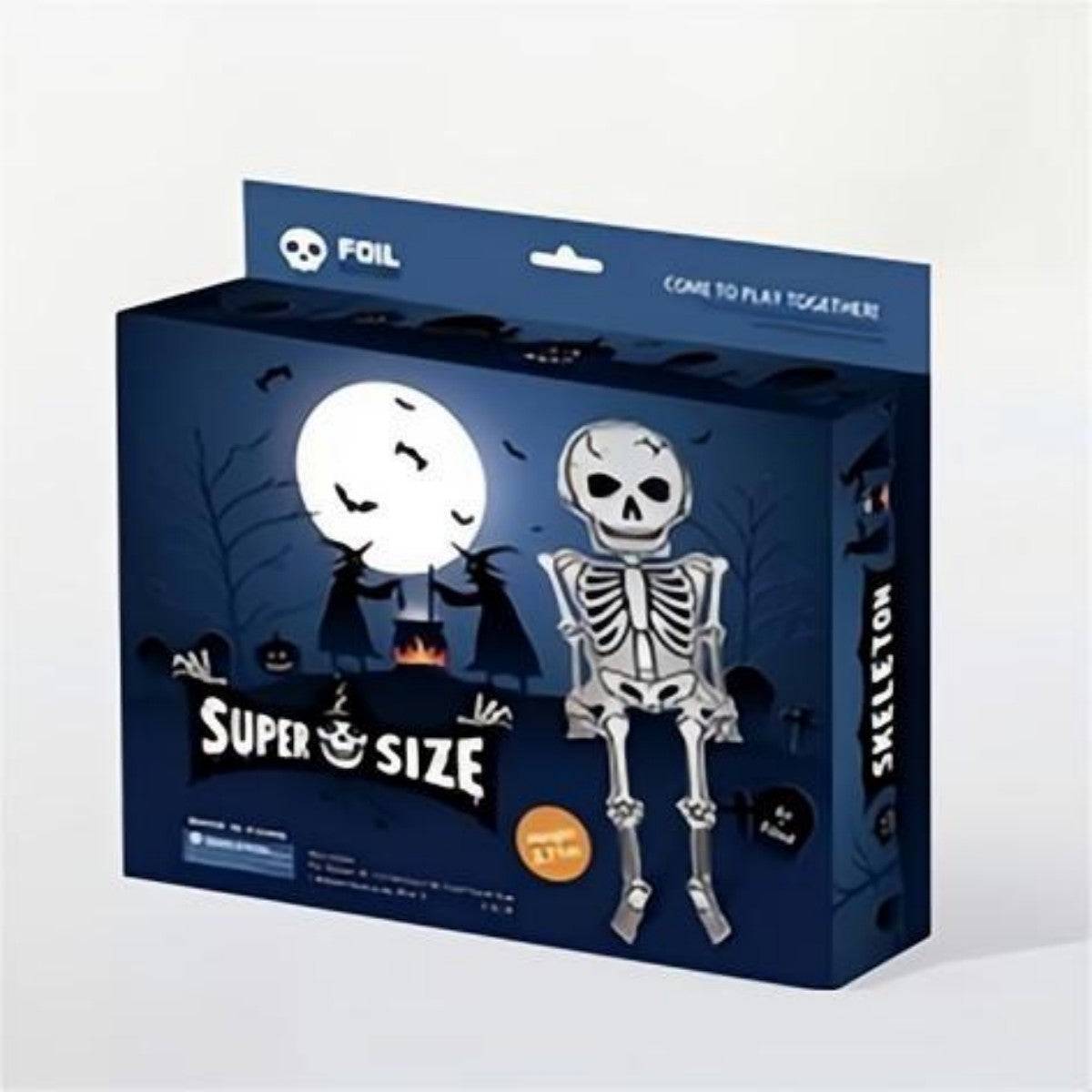 Super-sized skeleton foil balloon in themed packaging. A spooky addition to Halloween party decorations and festive setups.