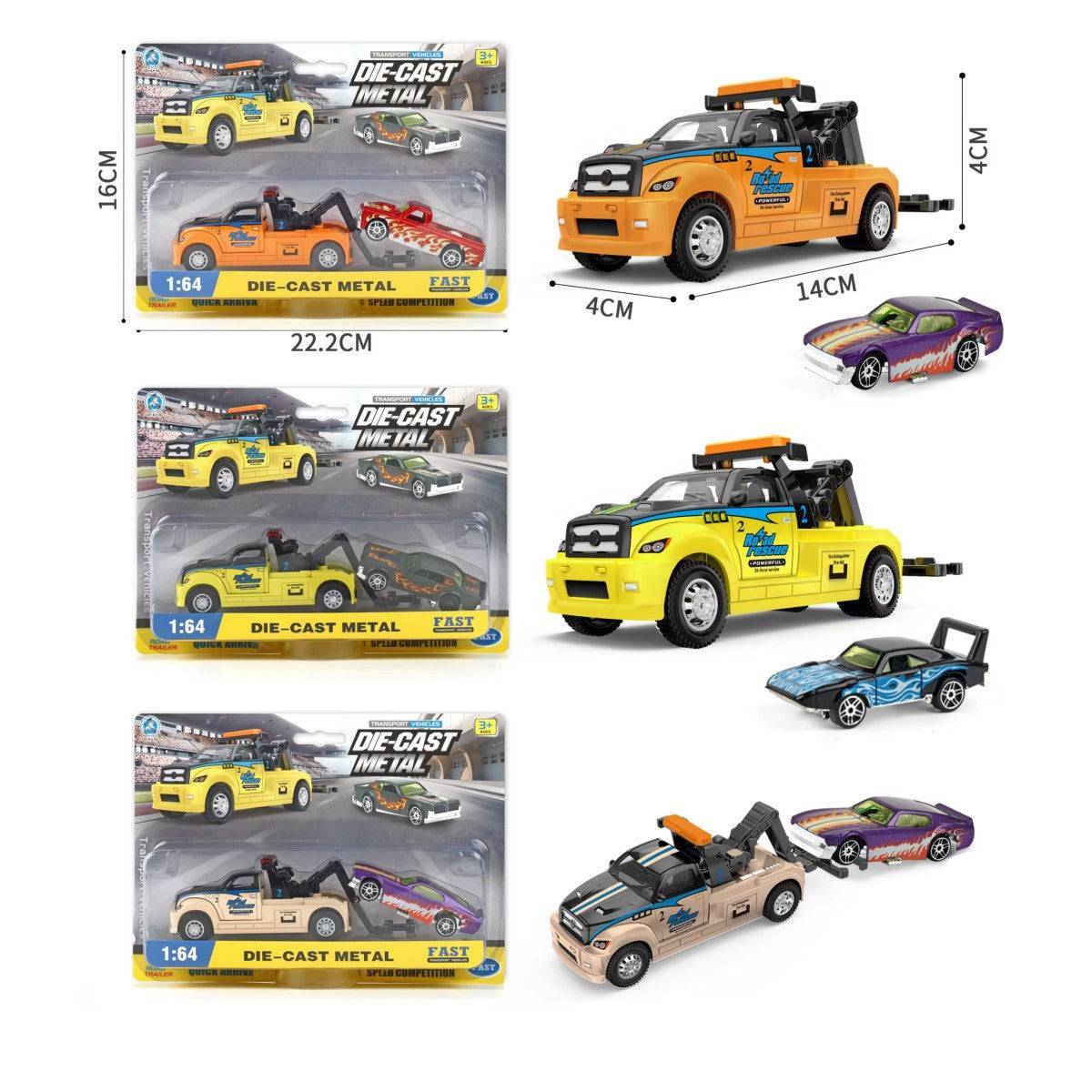 1:64 alloy diecast tow truck set with pull-back mechanism. Includes yellow and beige tow trucks with muscle cars for realistic play.