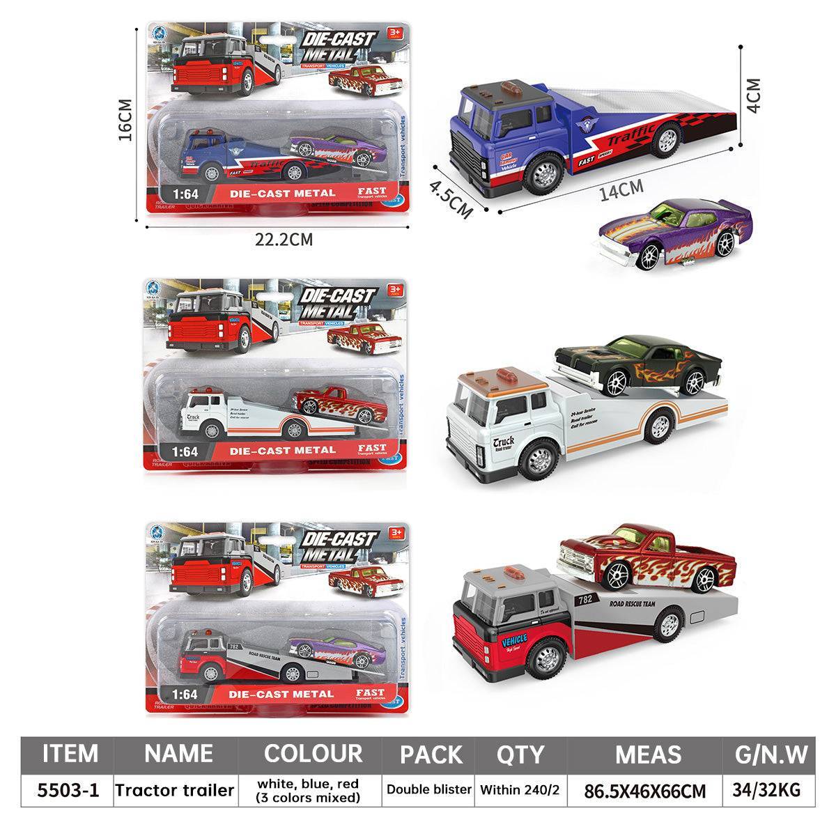 1:64 alloy diecast tractor trailer set with muscle cars. Includes white, blue, and red transport trucks with realistic detailing.