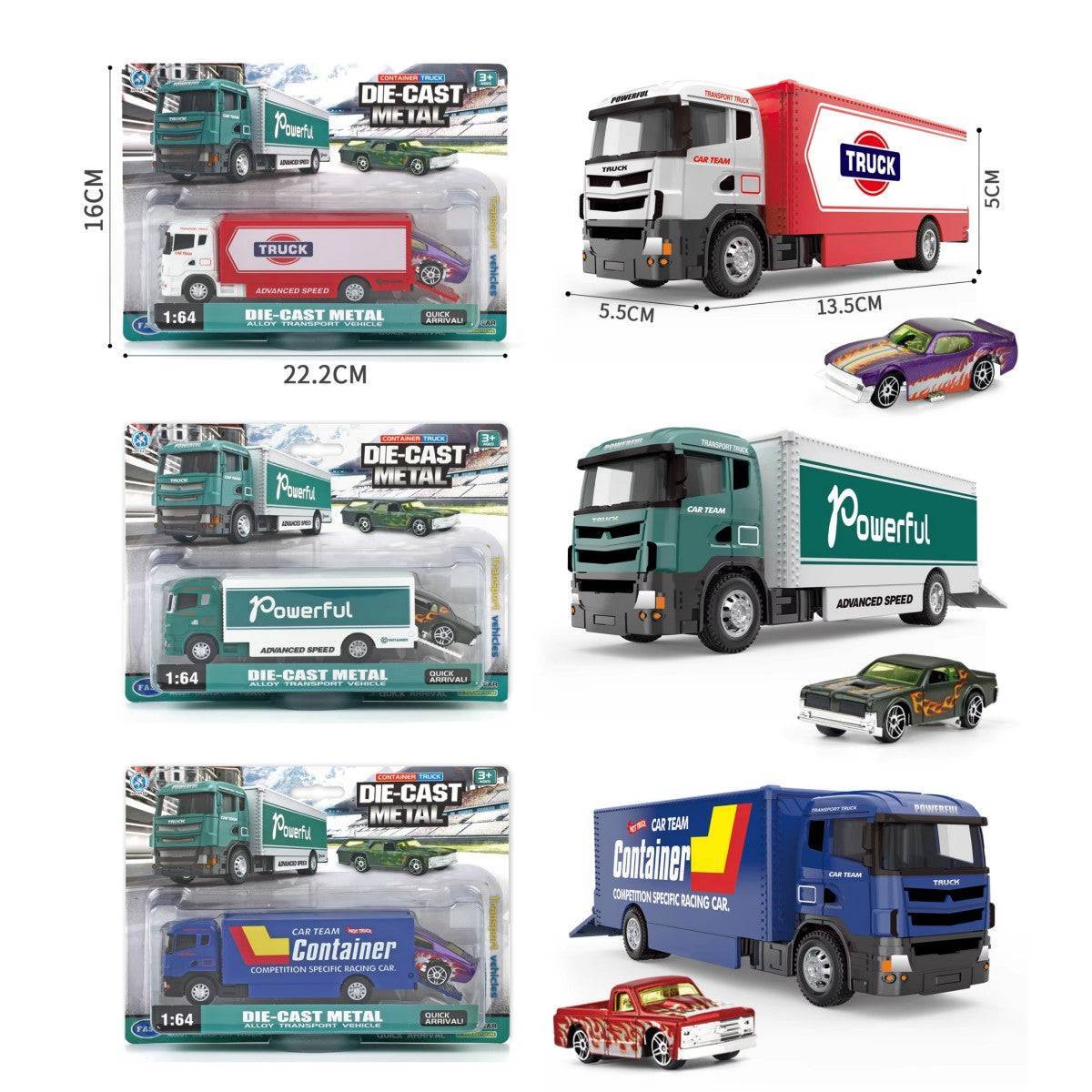 1:64 alloy diecast transport truck set with muscle cars. Includes red, green, and blue trucks with realistic detailing and pull-back function.