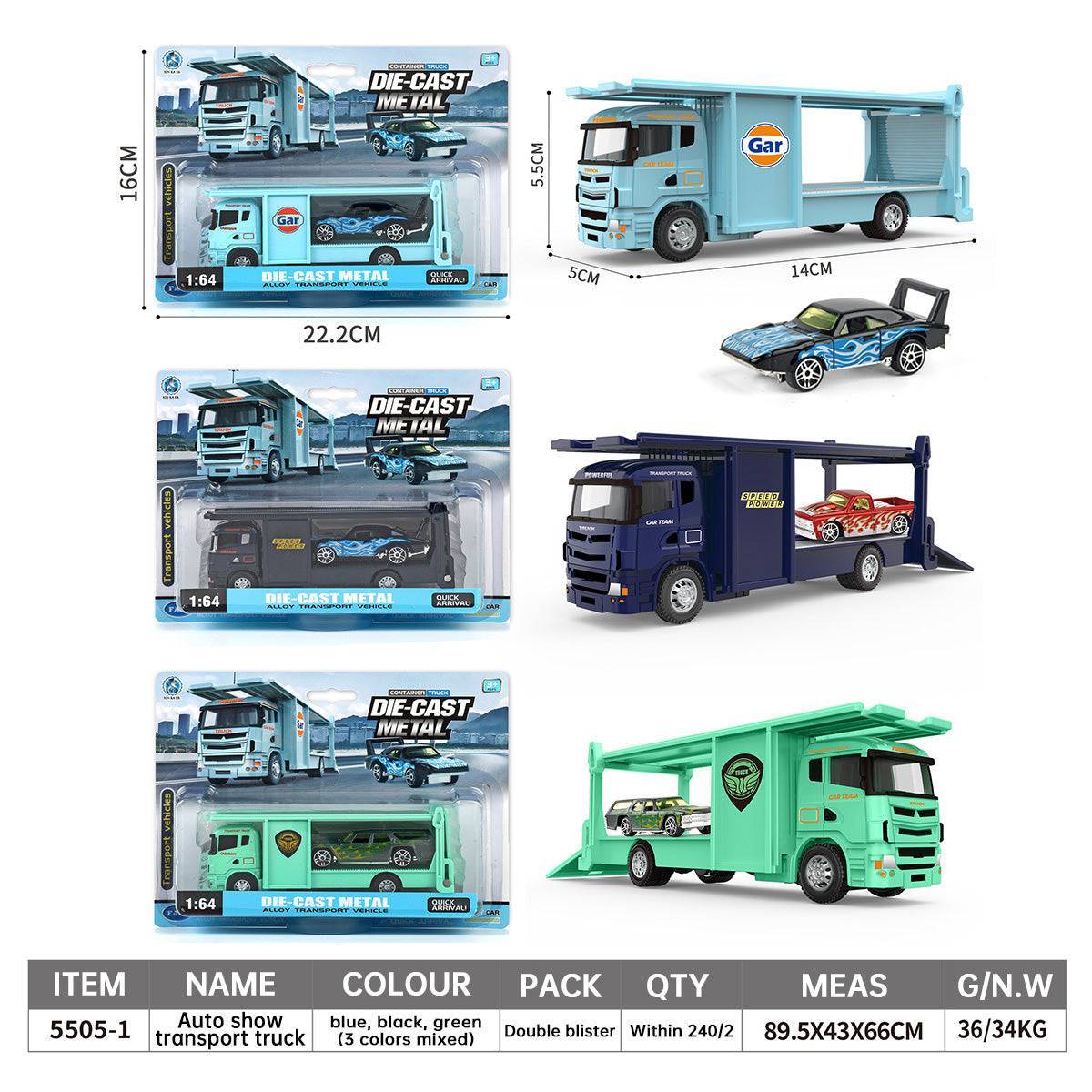 1:64 alloy diecast auto show transport truck set. Includes blue, black, and green trucks with muscle cars for realistic play and collection.