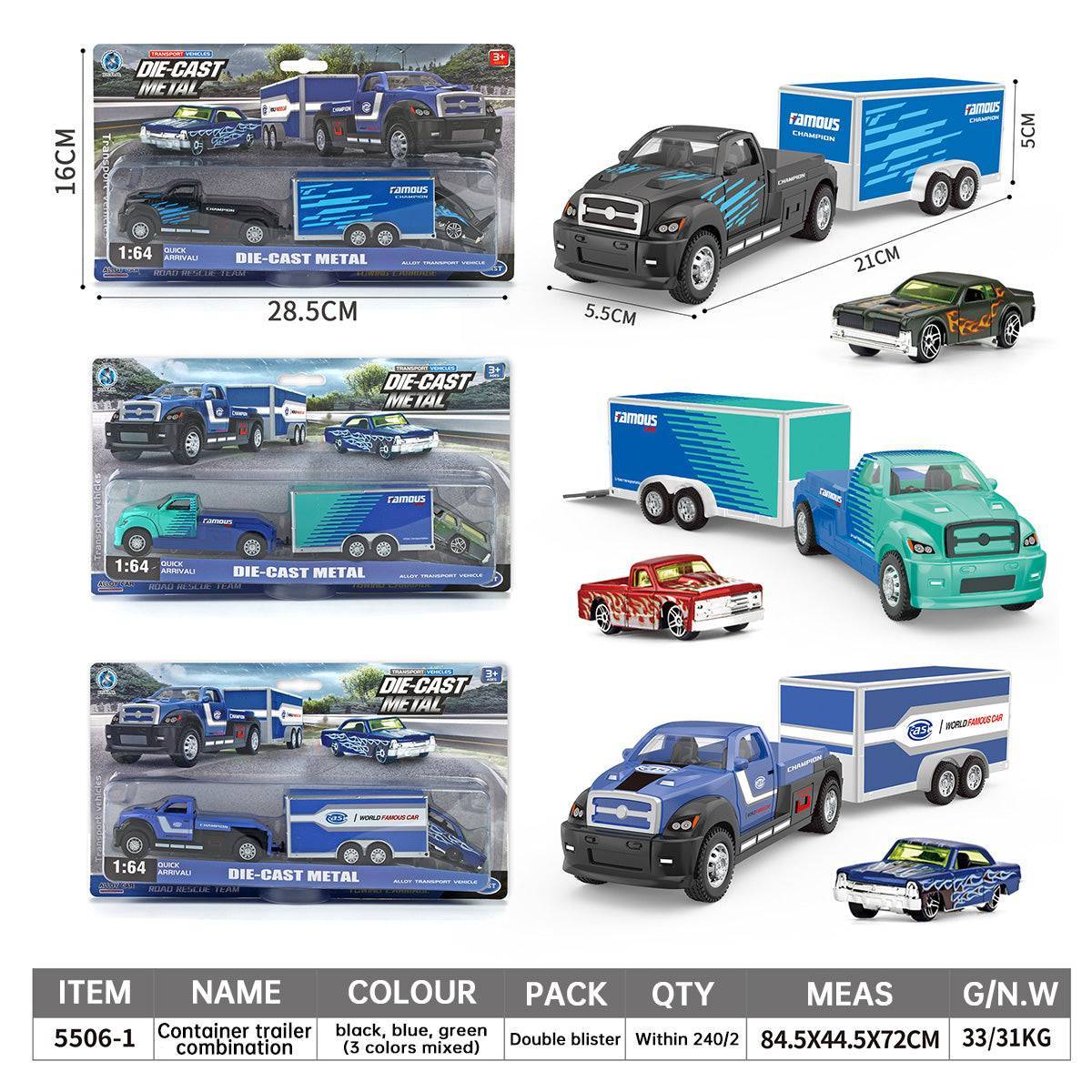 1:64 alloy diecast container trailer combination set. Includes black, blue, and green trucks with trailers and muscle cars for realistic play.