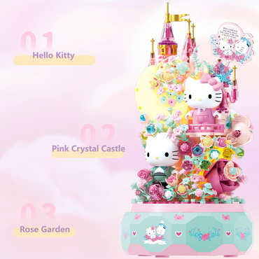 Hello Kitty Love Song Music Box Building Set with pink crystal castle, rose garden, and moonlight-themed design for ages 14 and up.