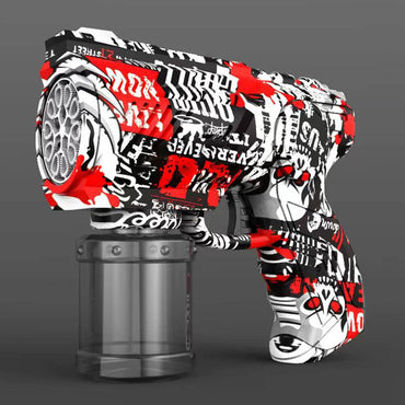 10 Holes Graffiti Bubble Gun for Kids in red and black design. Stylish graffiti pattern with a high-output bubble blower for outdoor fun.