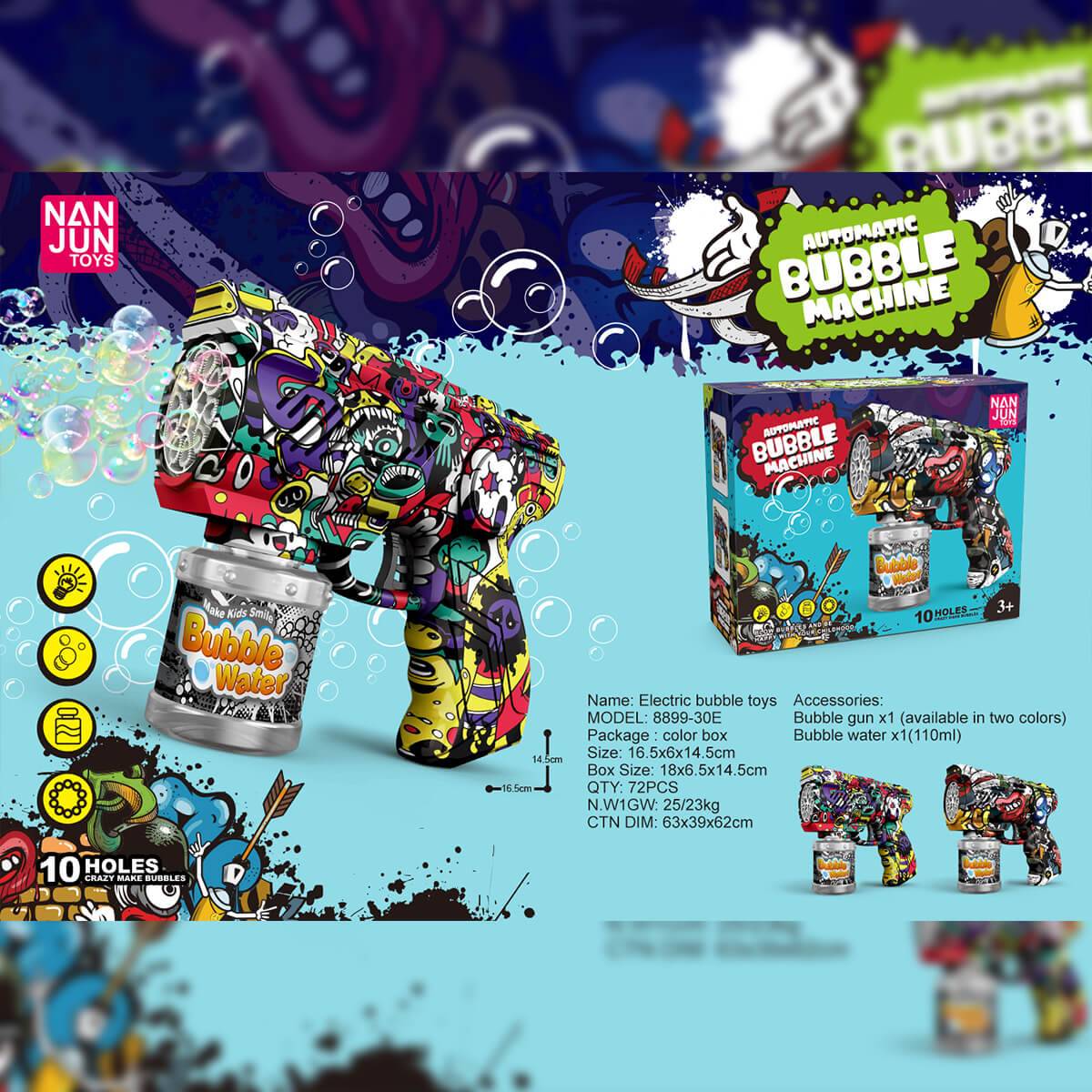 Automatic graffiti bubble machine with packaging details. Includes a 10-hole bubble gun, bubble water, and vibrant graffiti-style design.