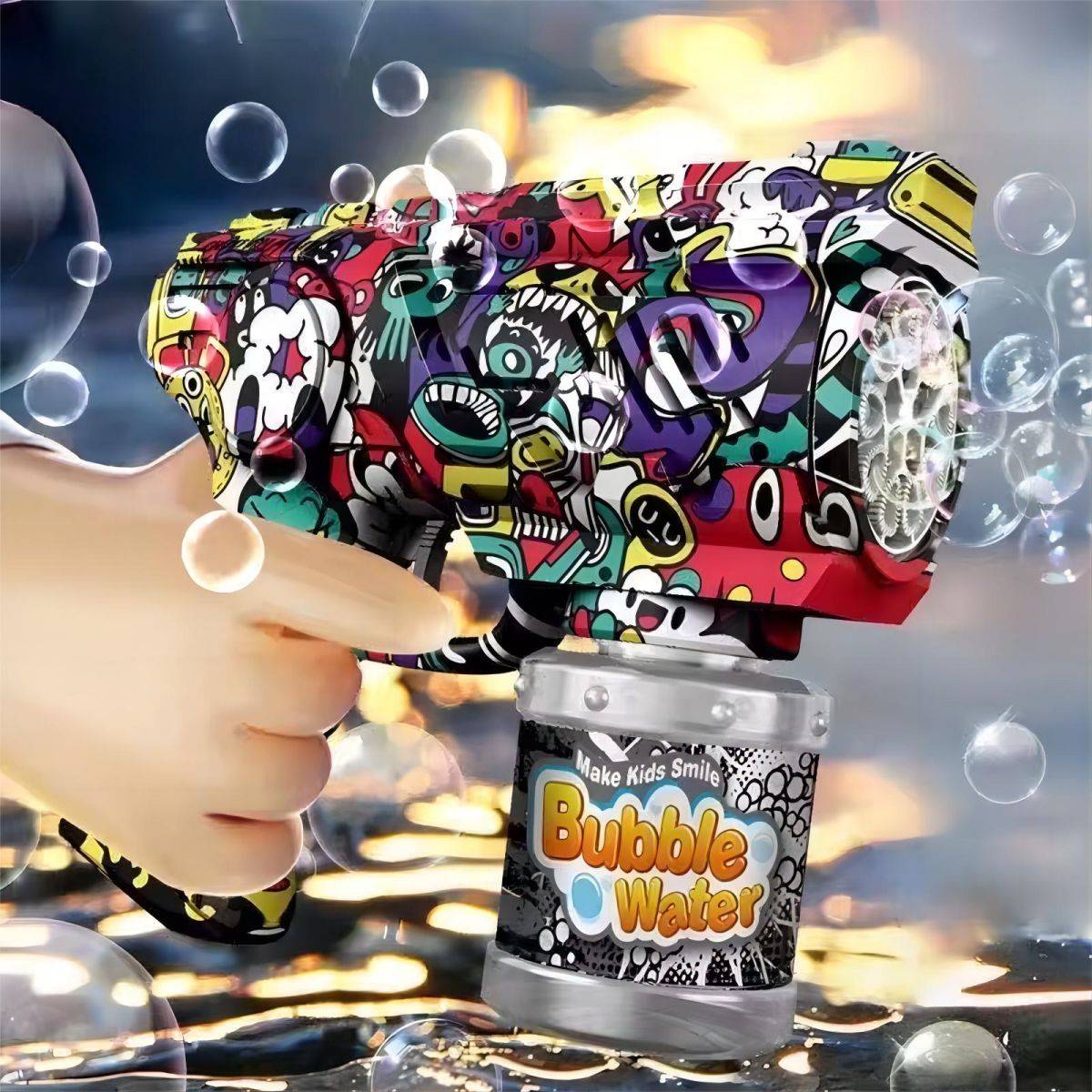 Hand holding a graffiti bubble gun releasing bubbles. Features a stylish design, large bubble capacity, and fun outdoor play experience.