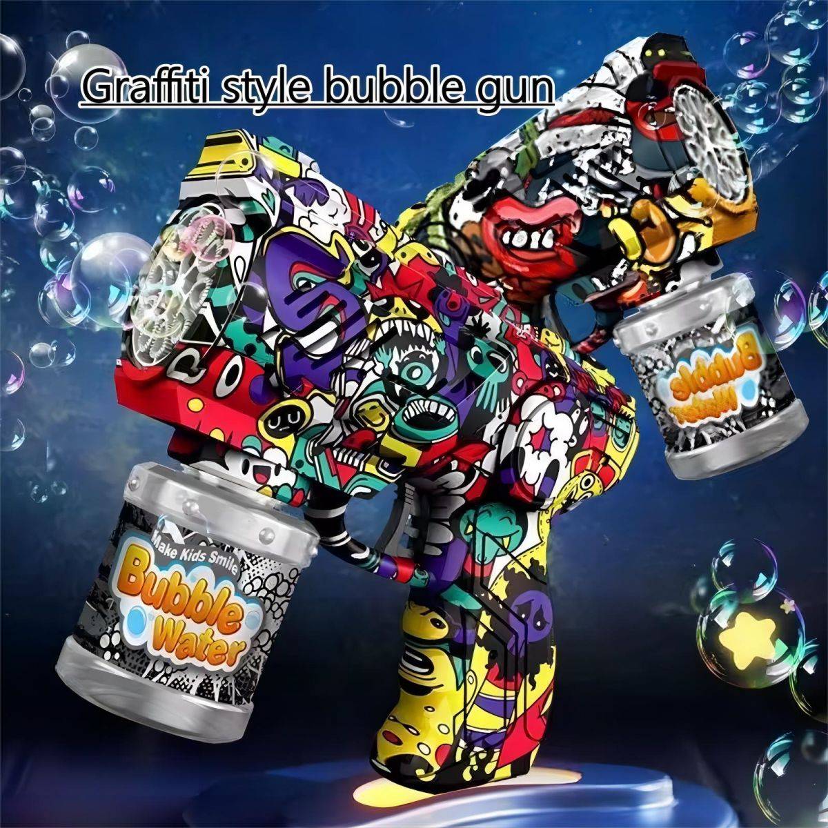 Graffiti-style bubble gun with dual bubble water containers. High-output bubble blower with a colorful artistic design for kids' enjoyment.