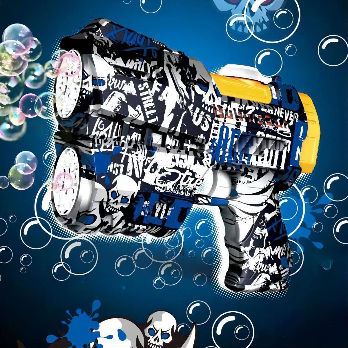 Blue graffiti-style 20 Holes Automatic Bubble Gun for Kids, shooting bubbles against a vibrant background. Ideal for outdoor play.
