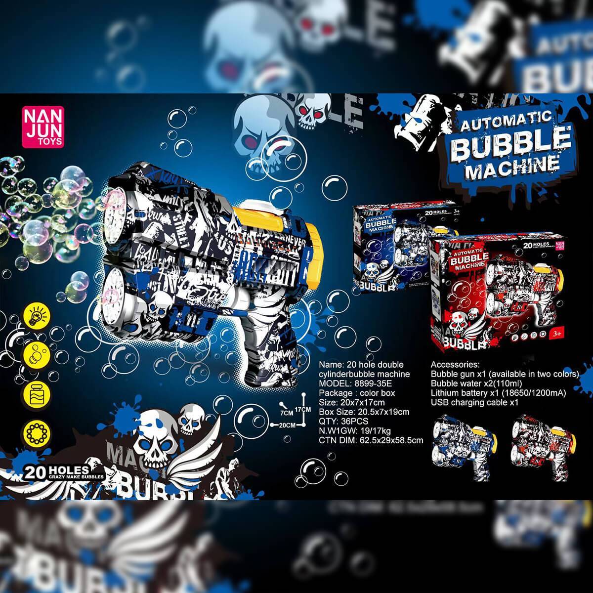 Packaging and product details of the 20 Holes Automatic Graffiti Bubble Gun for Kids. Includes accessories and specifications.