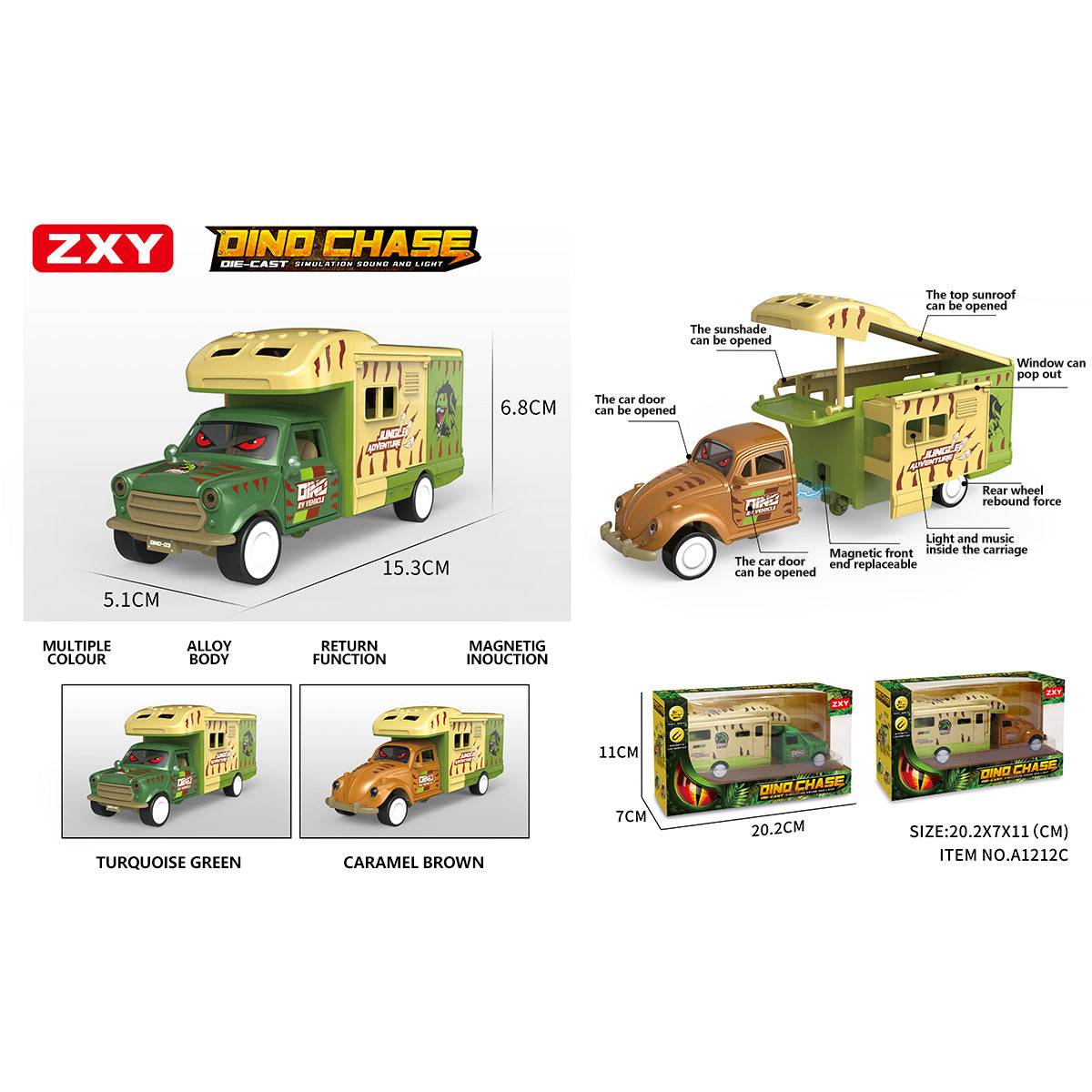 Detailed view of the die-cast Dino Chase RV toy truck in green and brown with openable doors, sunroof, and pop-out window. Includes packaging and size details.