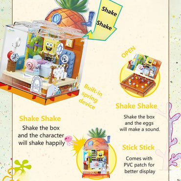 Interactive AREA-X SpongeBob Building Set with built-in spring device; characters shake when the box is moved, includes display patch.