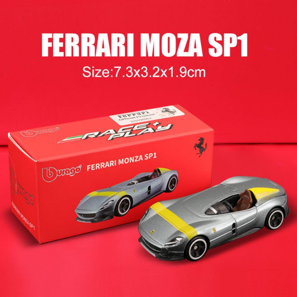Bburago 1:64 Ferrari Monza SP1 alloy model car in silver with yellow stripe. Comes in red packaging, ideal for collectors and Ferrari enthusiasts.