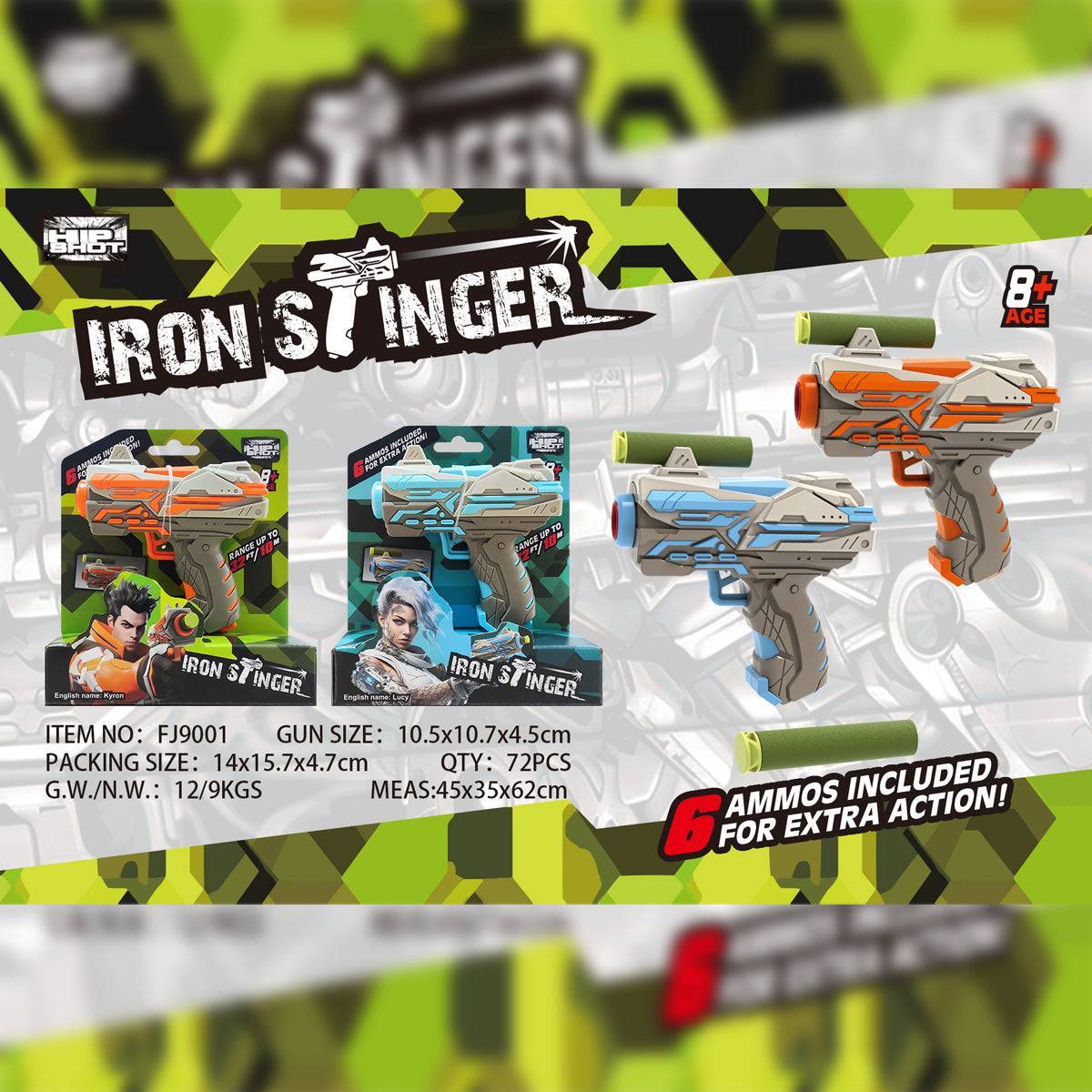 FJ9001 Soft Foam Dart Blaster Toy Gun promotional packaging displaying both blue and orange variants, highlighting six included foam darts and 10-meter shooting range.