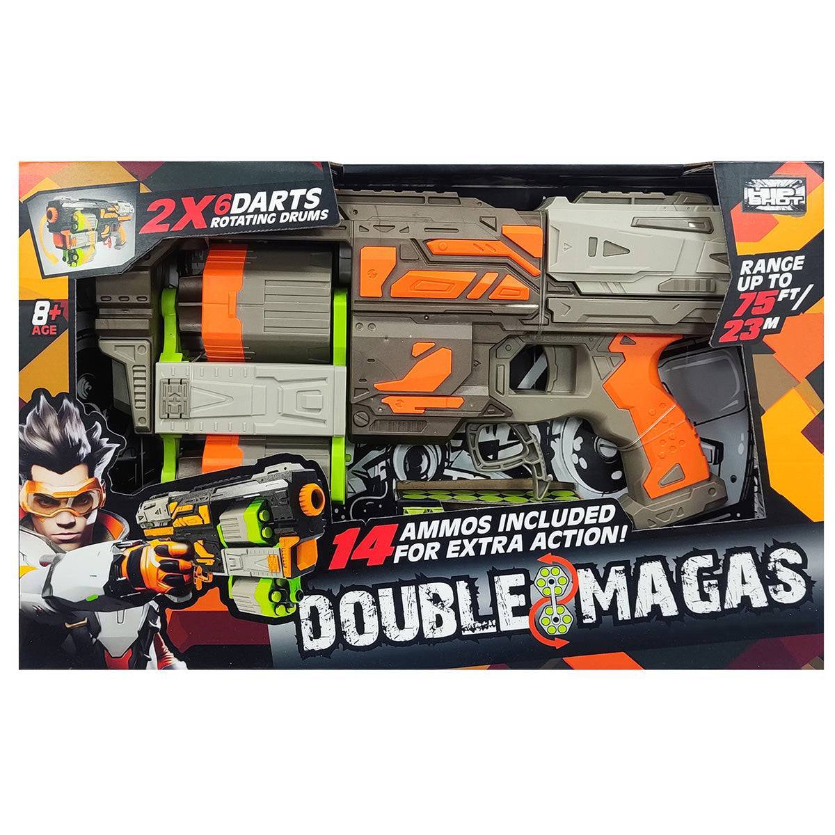 FJ9008 Soft Foam Dart Blaster Toy Gun in retail packaging, showcasing its 14 included foam darts, dual rotating barrels, and 75 ft shooting range.
