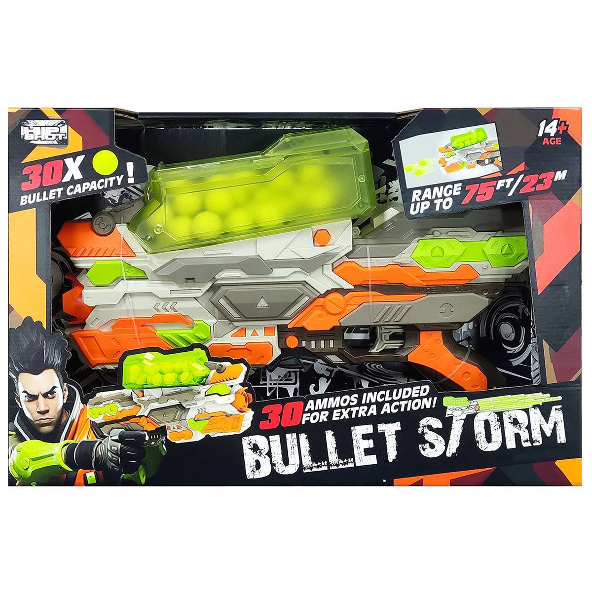 FJ9012 Soft Bullet Gun Toy in retail packaging labeled 'Bullet Storm,' highlighting 30 included bullets, 75 ft range, and a dynamic design for intense play.
