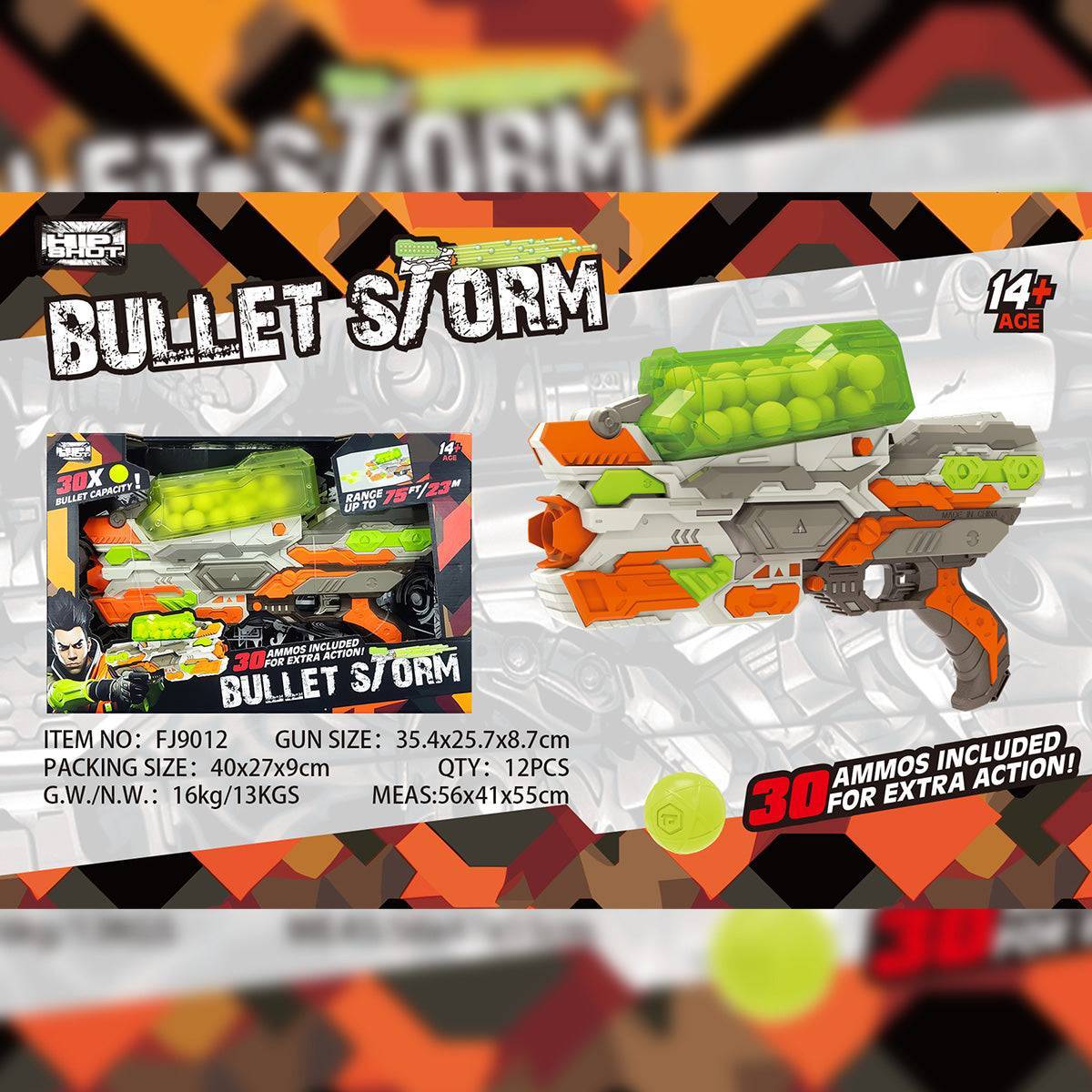 Promotional image of the FJ9012 Soft Bullet Gun Toy, displaying product specifications, packaging details, and key features for an exciting shooting experience.