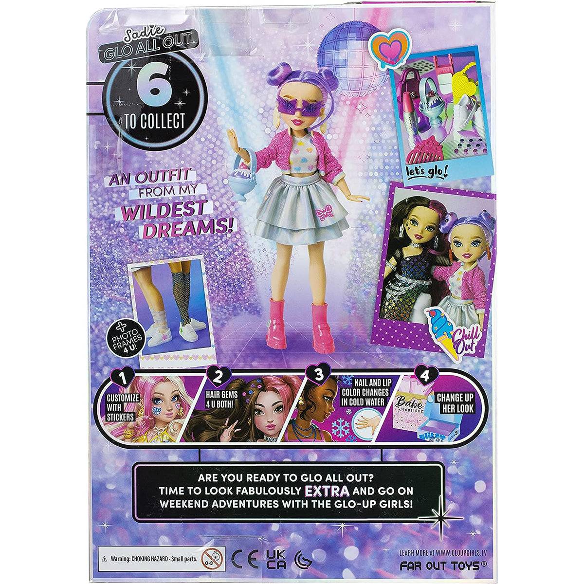 Back of GLO-UP Girls Sadie Doll packaging highlighting customization options, outfit changes, and collectible features for a fun and stylish play experience.