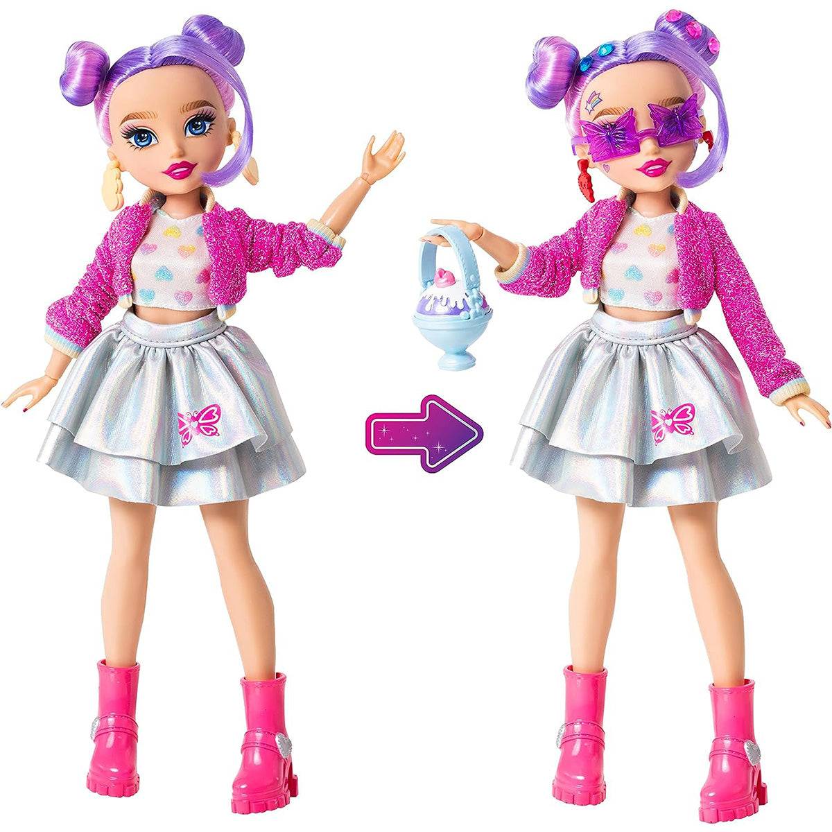 GLO-UP Girls Sadie Fashion Doll showcasing before-and-after transformation with stylish outfit, pink boots, and trendy accessories for a fashionable look.