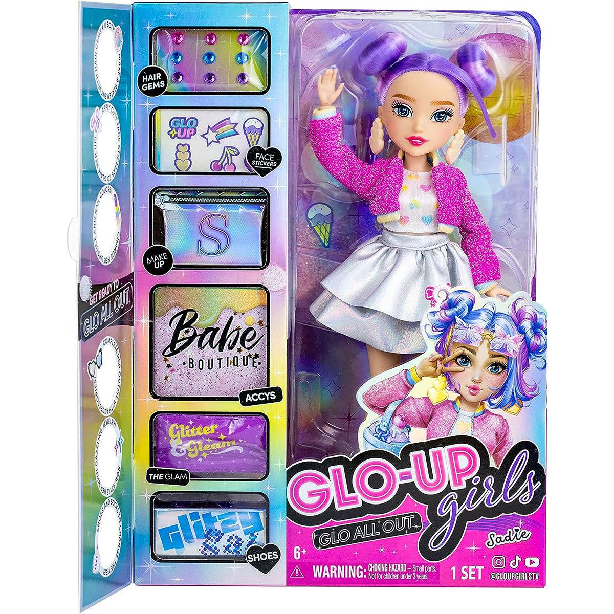 GLO-UP Girls Sadie Fashion Doll in packaging with accessories including hair gems, face stickers, and stylish outfits for a trendy fashion transformation.