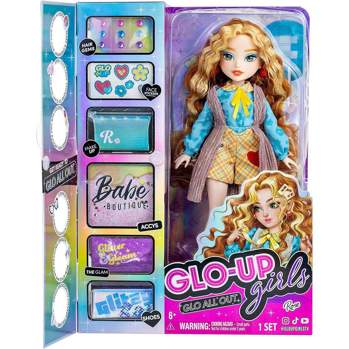 Far Out Toys GLO-UP Girls Rose Redhead Fashion Doll in open packaging, displaying included accessories like hair gems, stickers, and stylish outfits.