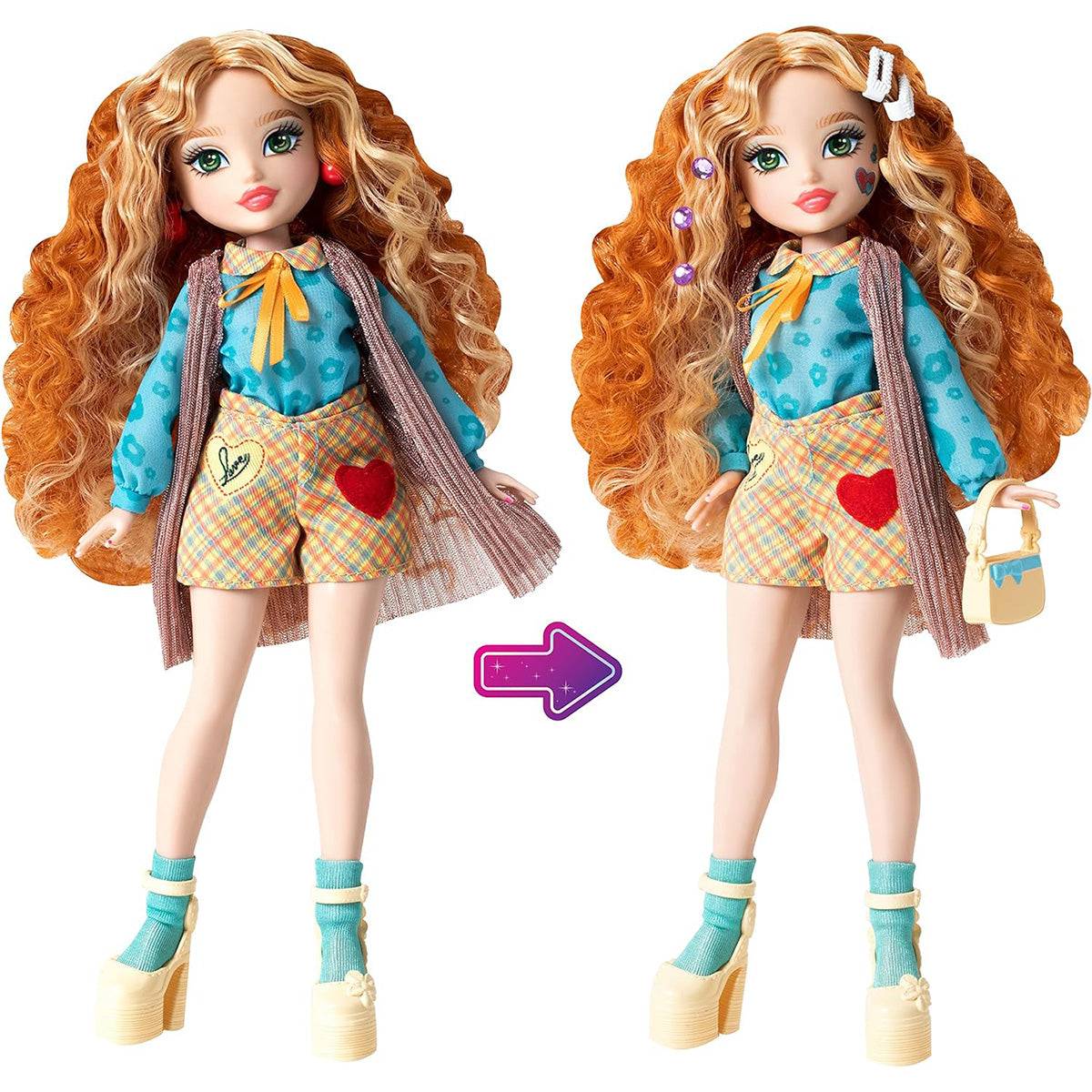 Far Out Toys GLO-UP Girls Rose Redhead Fashion Doll before and after transformation, showcasing outfit changes and stylish accessories.