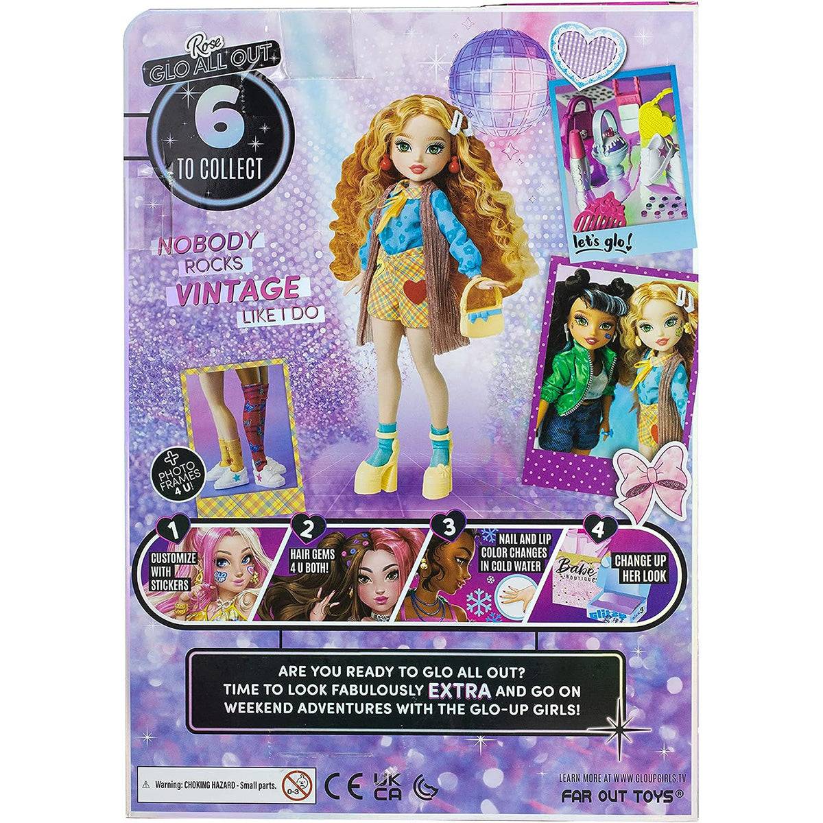 Back of GLO-UP Girls Rose doll packaging, highlighting collectible dolls, customization options, and fun styling features for creative play.