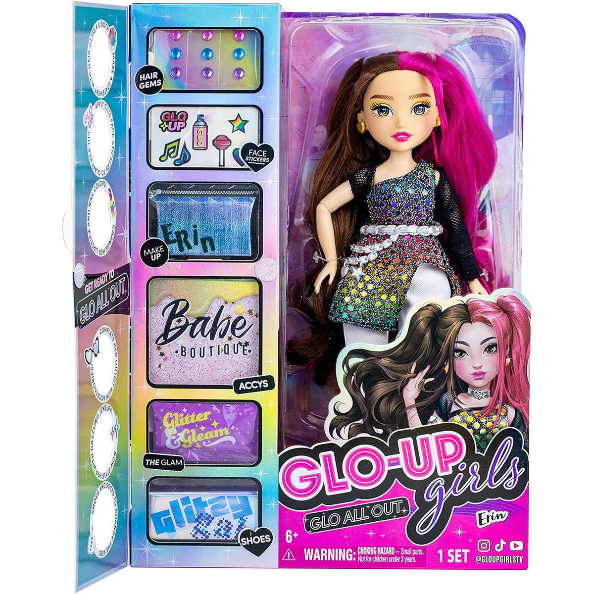 GLO-UP Girls Erin doll in stylish packaging with accessories including makeup, shoes, and fashion items for a complete makeover experience.