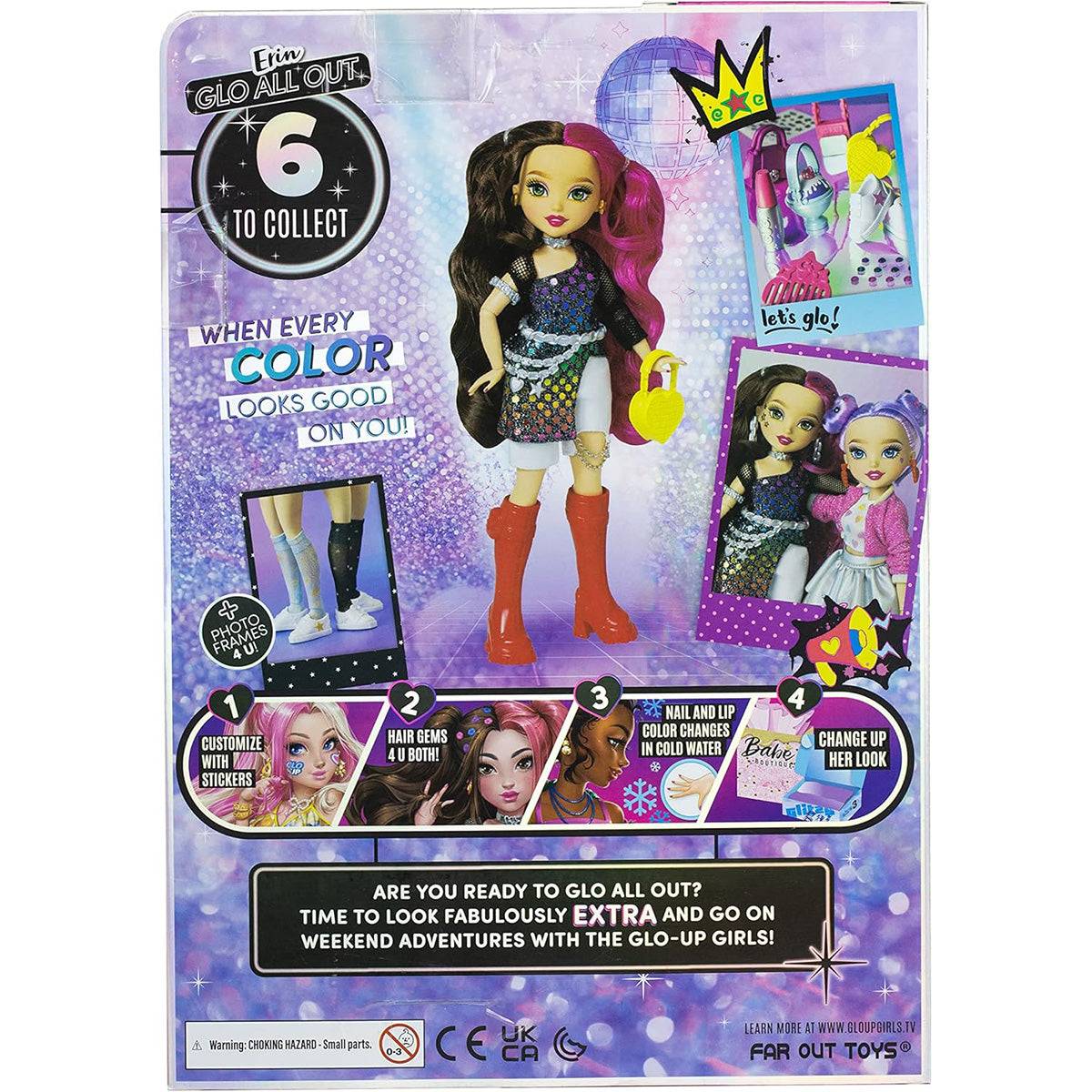 Back of GLO-UP Girls Erin doll packaging showcasing customization options, collectible dolls, and transformation features for creative play.