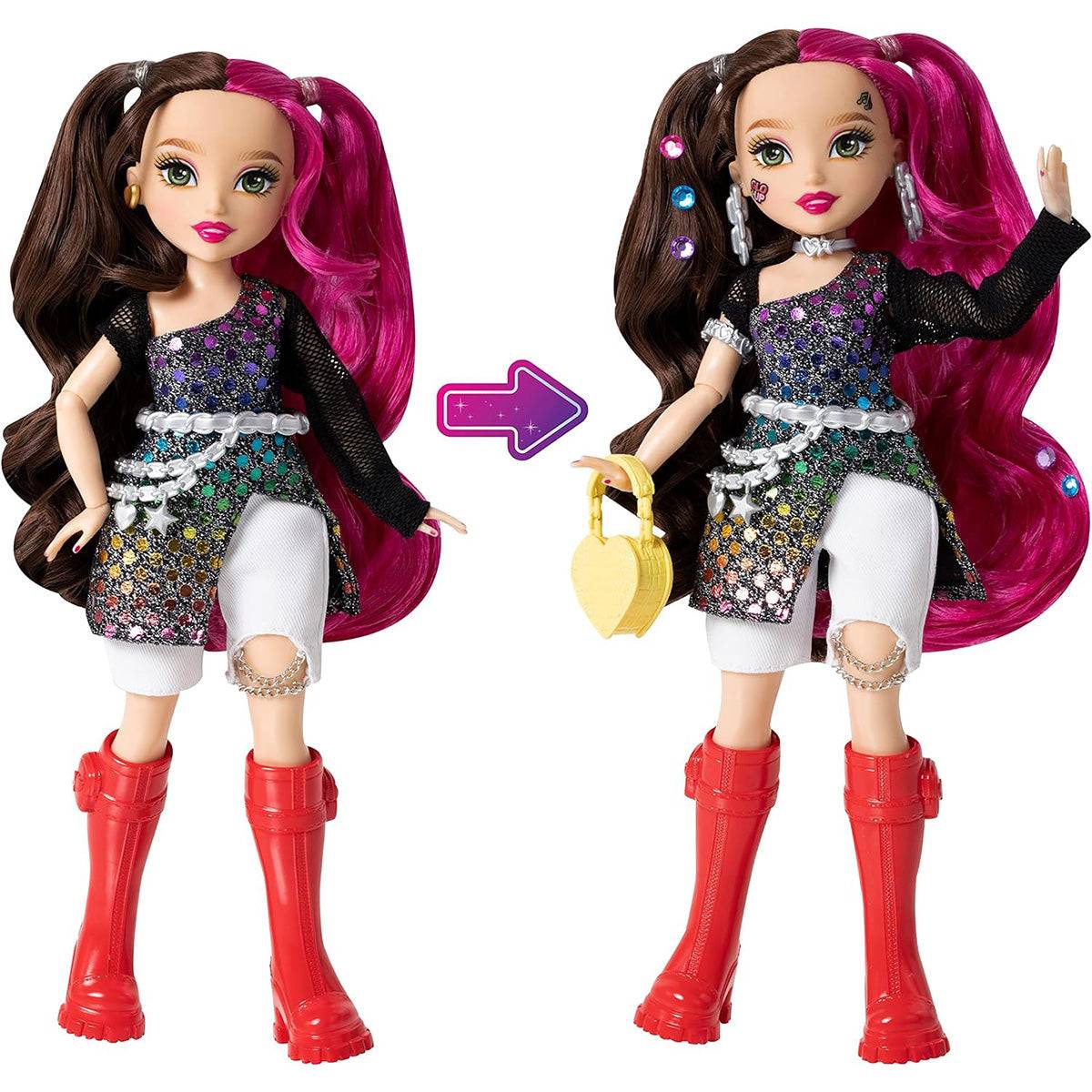 GLO-UP Girls Erin doll showcasing before-and-after transformation with stylish outfit, red boots, and accessories for a unique fashion makeover.