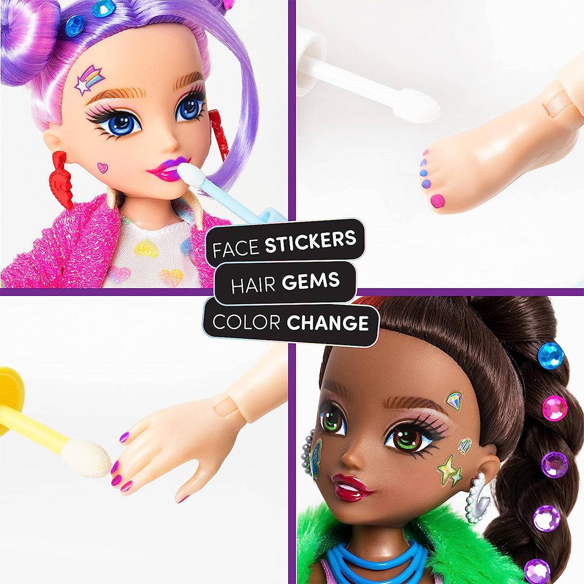 Close-up of GLO-UP Girls dolls showcasing face stickers, hair gems, and color-changing makeup for interactive styling fun.