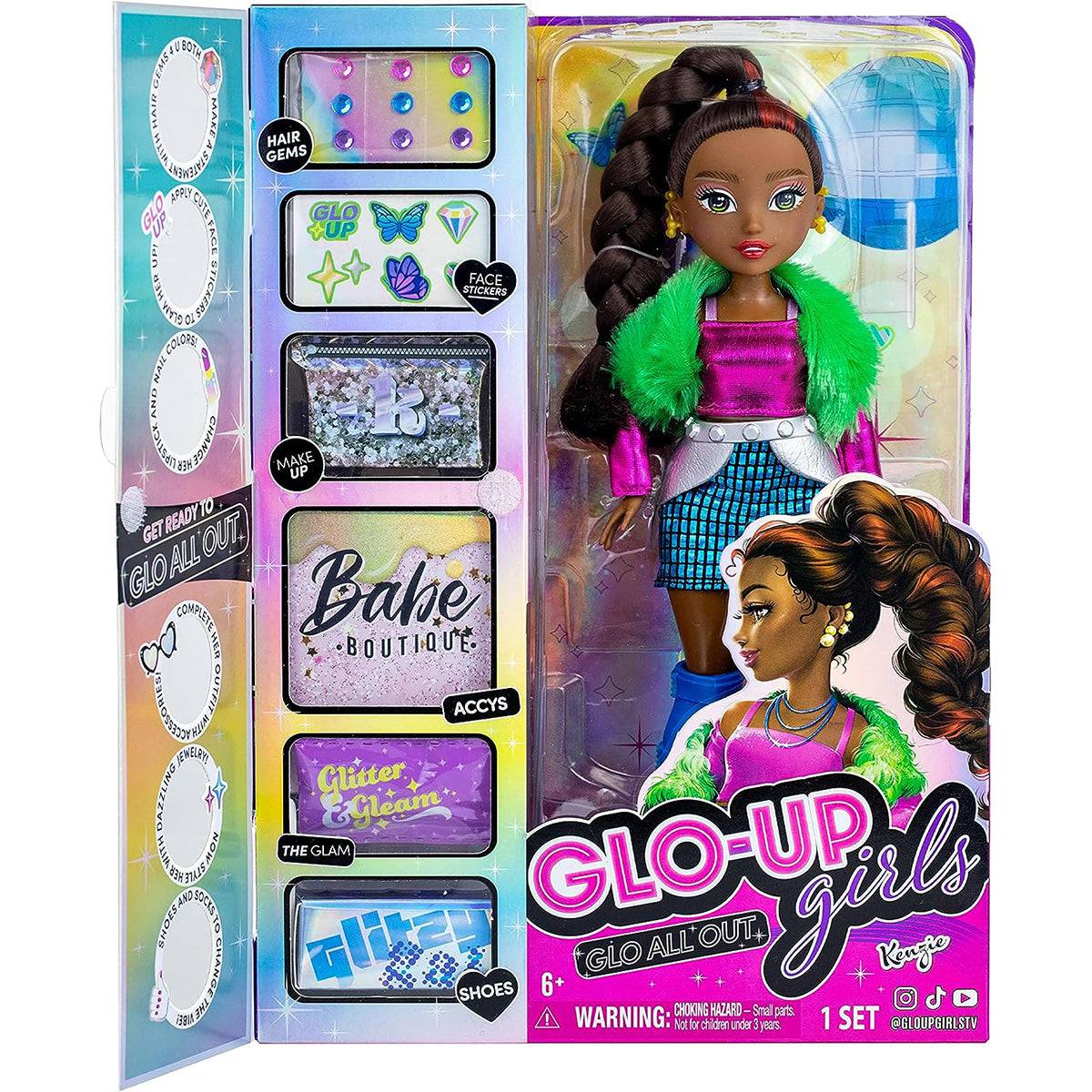 GLO-UP Girls Kenzie fashion doll in packaging with accessories like stickers, gems, and stylish outfits for endless customization.