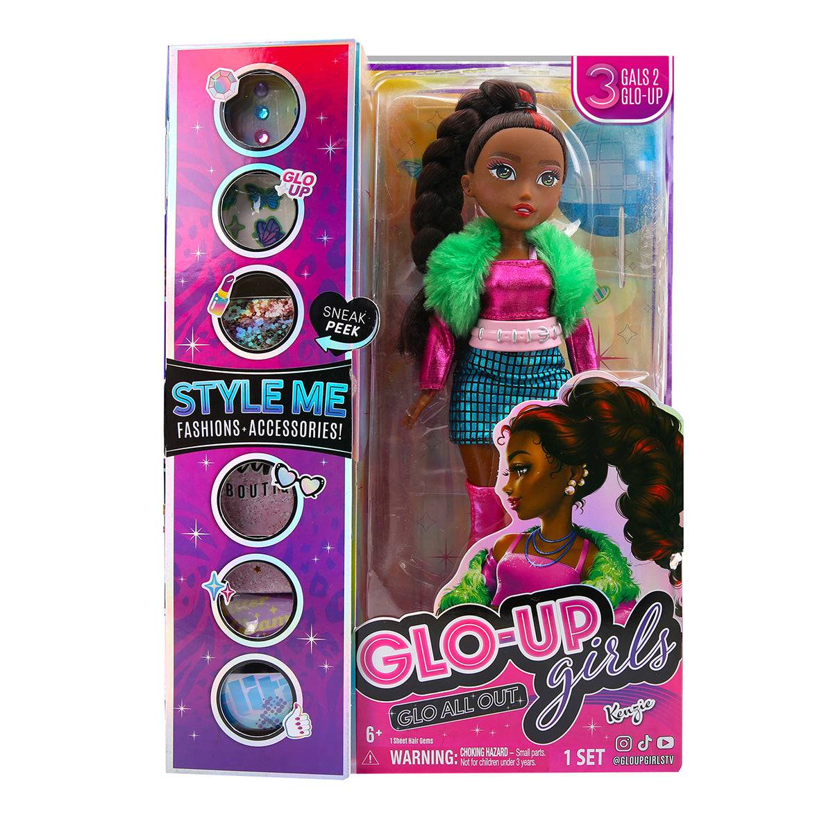 GLO-UP Girls Kenzie doll in stylish packaging featuring fashion accessories, makeup, and a sneak peek of included items.