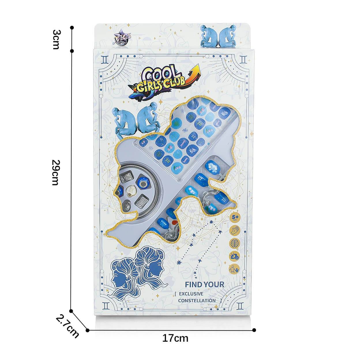 Packaging of the 12 Zodiac Signs Kids Nail Art Set HW23158395, showcasing Gemini-themed nail stickers and accessories.