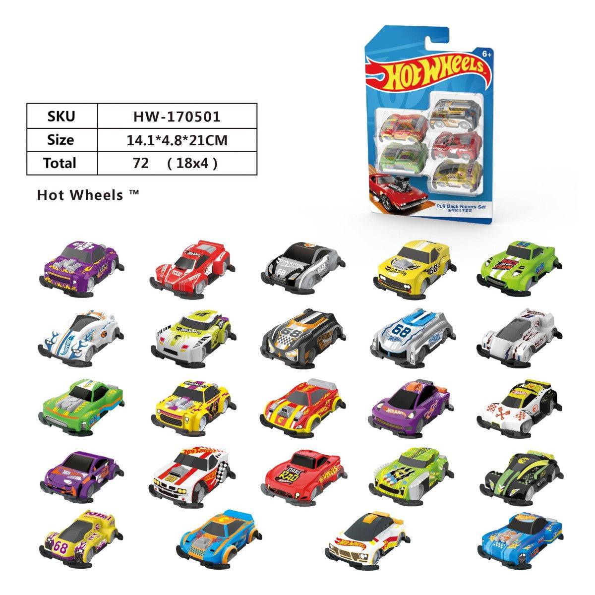 Hot Wheels Mini Pull Back Car Set HW-170501 showcasing 20 unique designs and retail packaging dimensions. Great for toy car enthusiasts.
