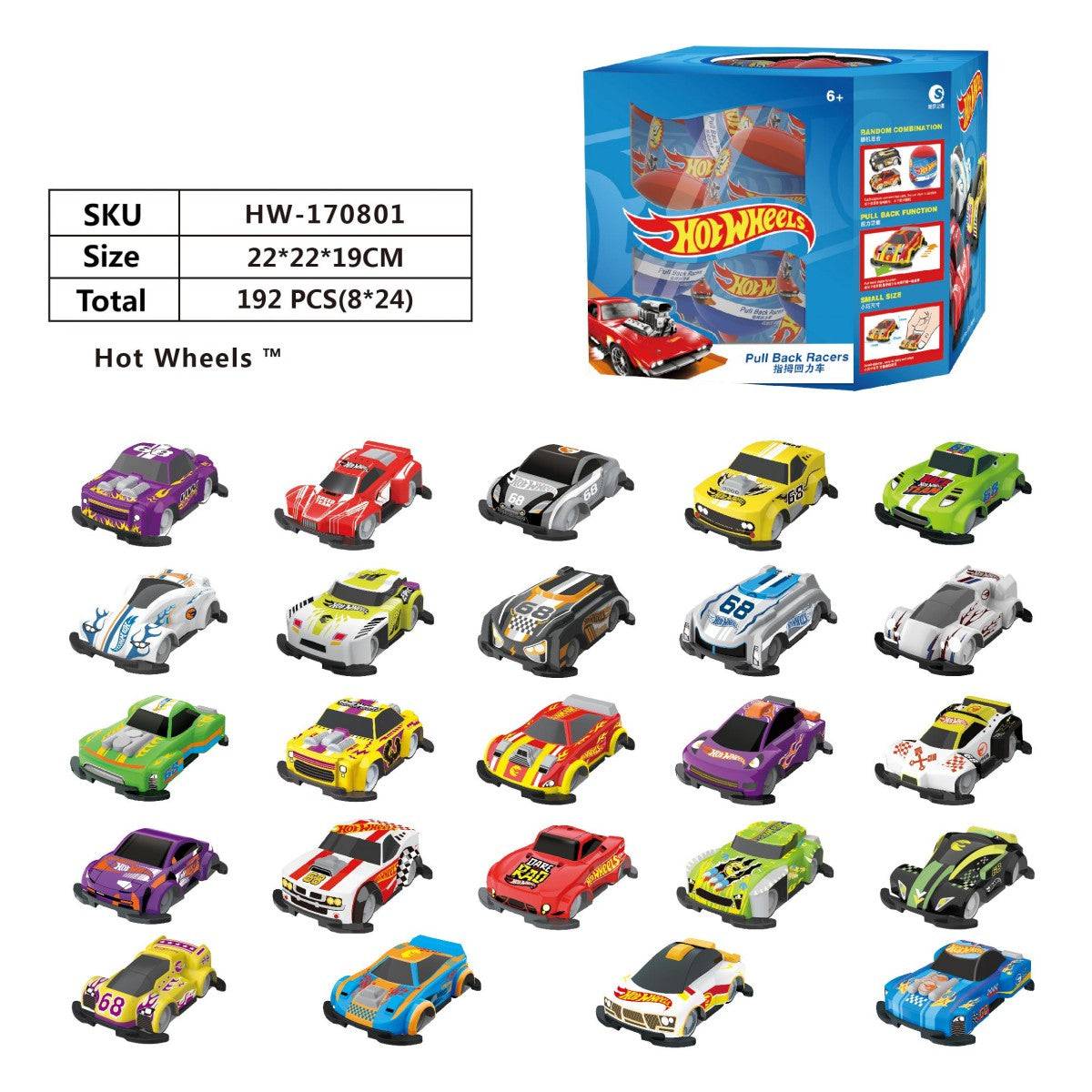 Hot Wheels Mini Pull Back Cars HW-170801 set with packaging box, showcasing 24 colorful toy cars and product dimensions.