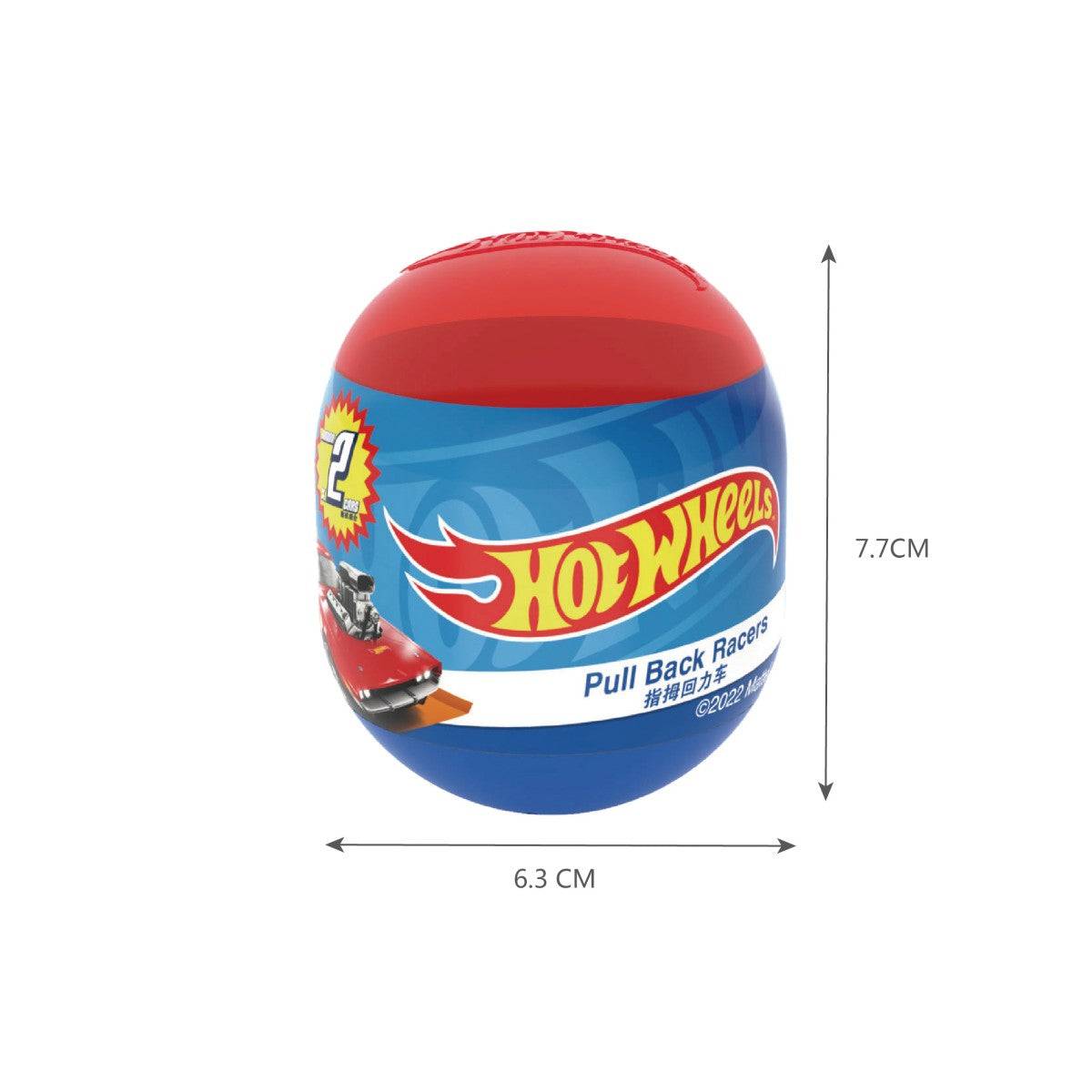 Hot Wheels Mini Pull Back Car Capsule HW-170801 with red and blue packaging, measuring 7.7 cm tall and 6.3 cm wide.