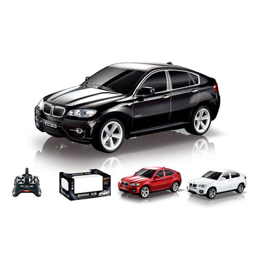 K&T 1:24 Full Function Remote Control Car(Random Color) modeled as a sleek BMW X6 in black, red, and white variants with controller and box.