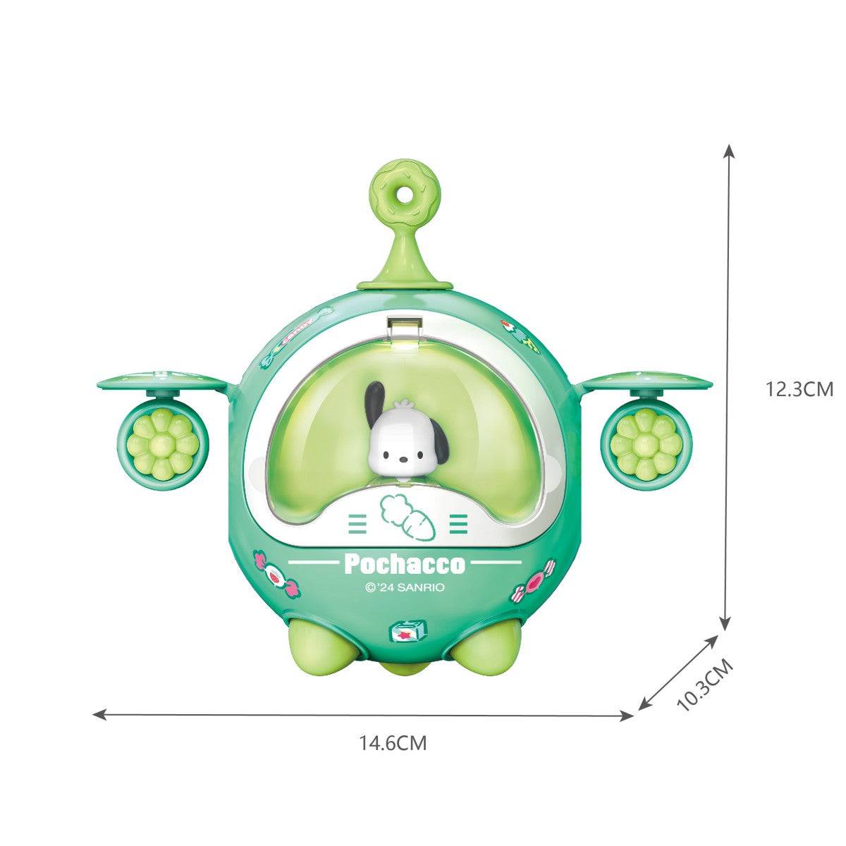 Green Pochacco spaceship toy from the Sanrio Family Twisted Egg Spaceship Series Blind Box. Features detailed design with labeled dimensions.