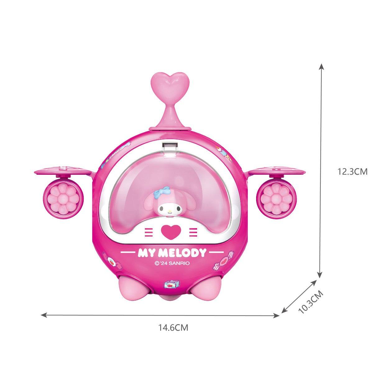 Pink My Melody spaceship toy from the Sanrio Family Twisted Egg Spaceship Series Blind Box. Includes adorable design and labeled dimensions.