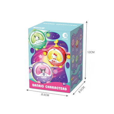 Sanrio Family Twisted Egg Spaceship Blind Box packaging showing colorful designs and characters like Hello Kitty and Kuromi. Dimensions of the box are labeled.