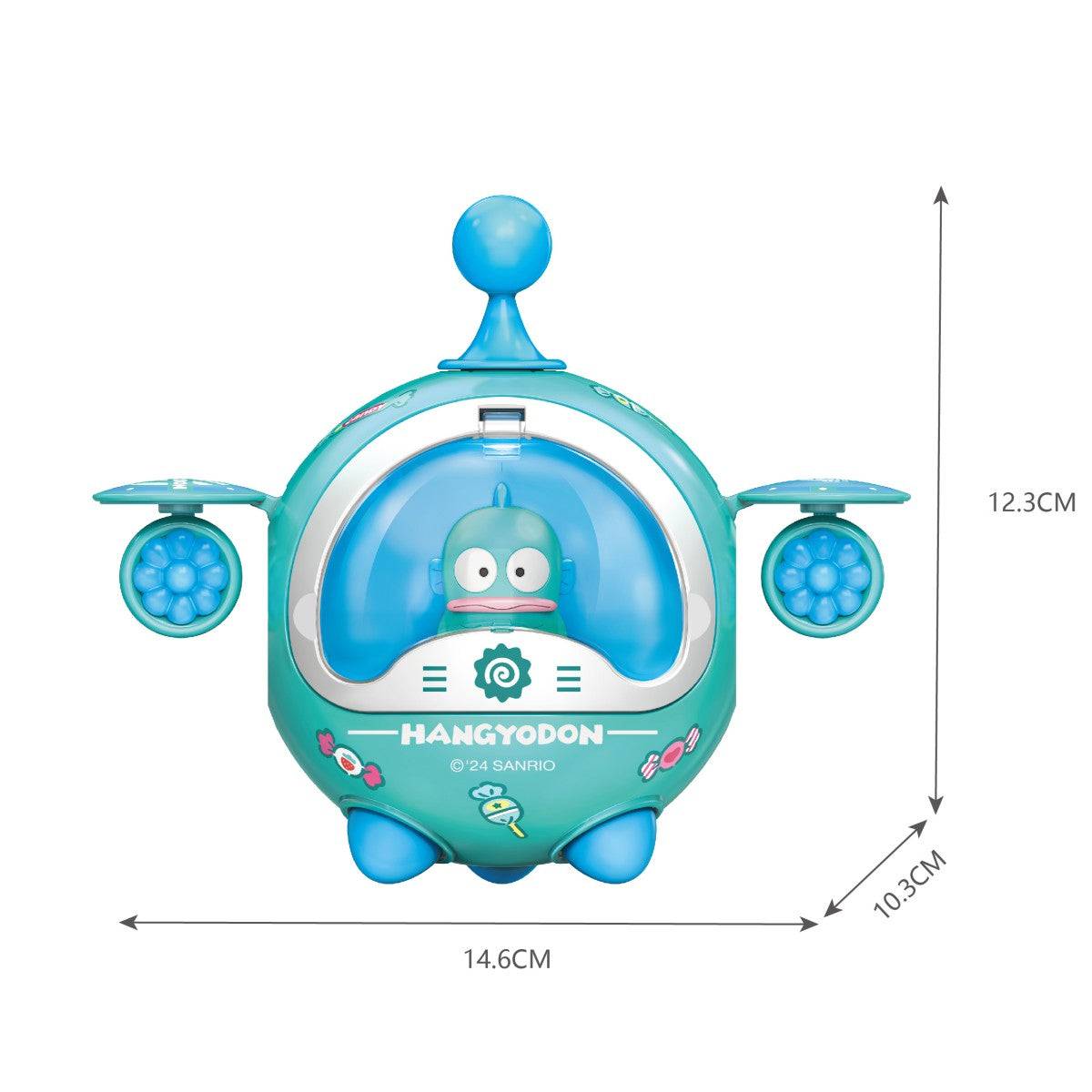 Blue Hangyodon spaceship toy from the Sanrio Family Twisted Egg Spaceship Series Blind Box. Features intricate details and labeled dimensions.