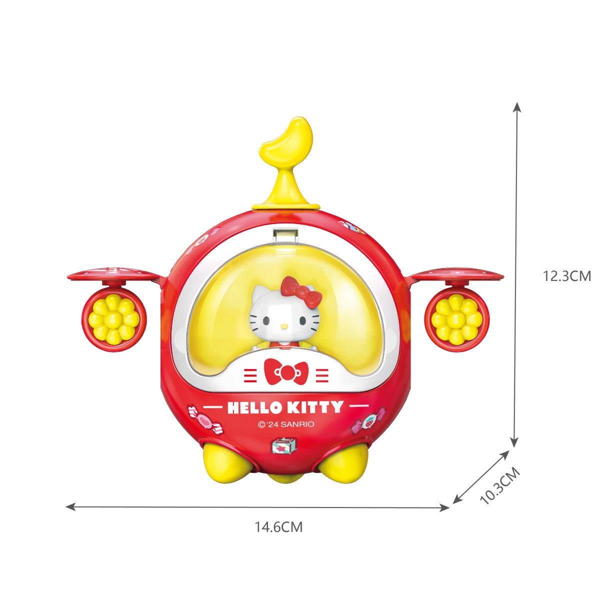 Red Hello Kitty spaceship toy from the Sanrio Family Twisted Egg Spaceship Series Blind Box. Features vibrant design and labeled dimensions.