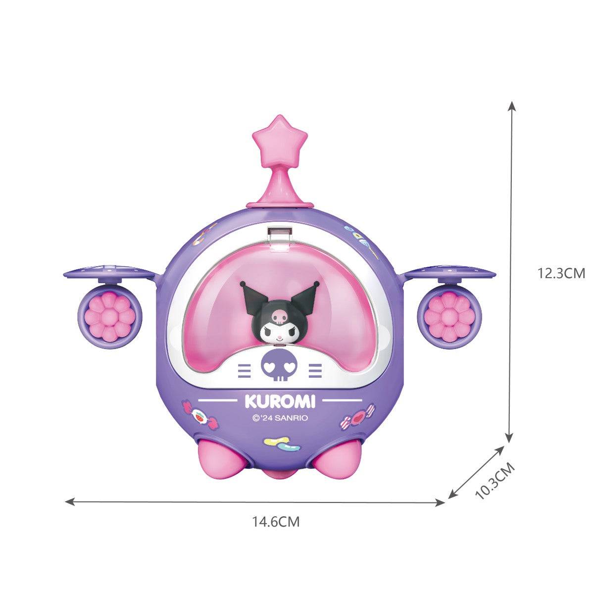Purple Kuromi spaceship toy from the Sanrio Family Twisted Egg Spaceship Series Blind Box. Includes unique design and labeled dimensions.