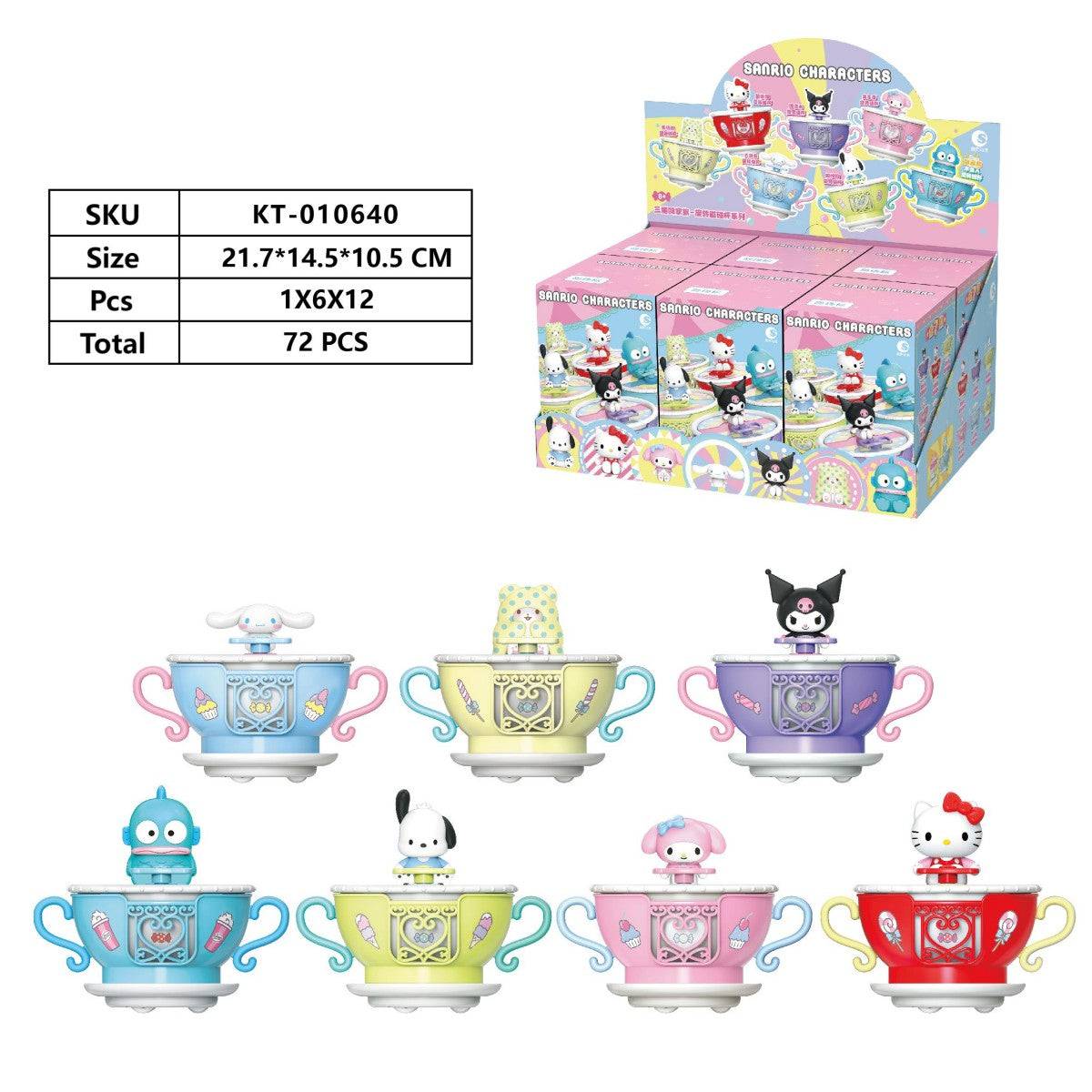Complete set of Sanrio Blind Box Rotation Cup Series KT-010640 with 72 pieces, featuring colorful teacups and Sanrio characters.