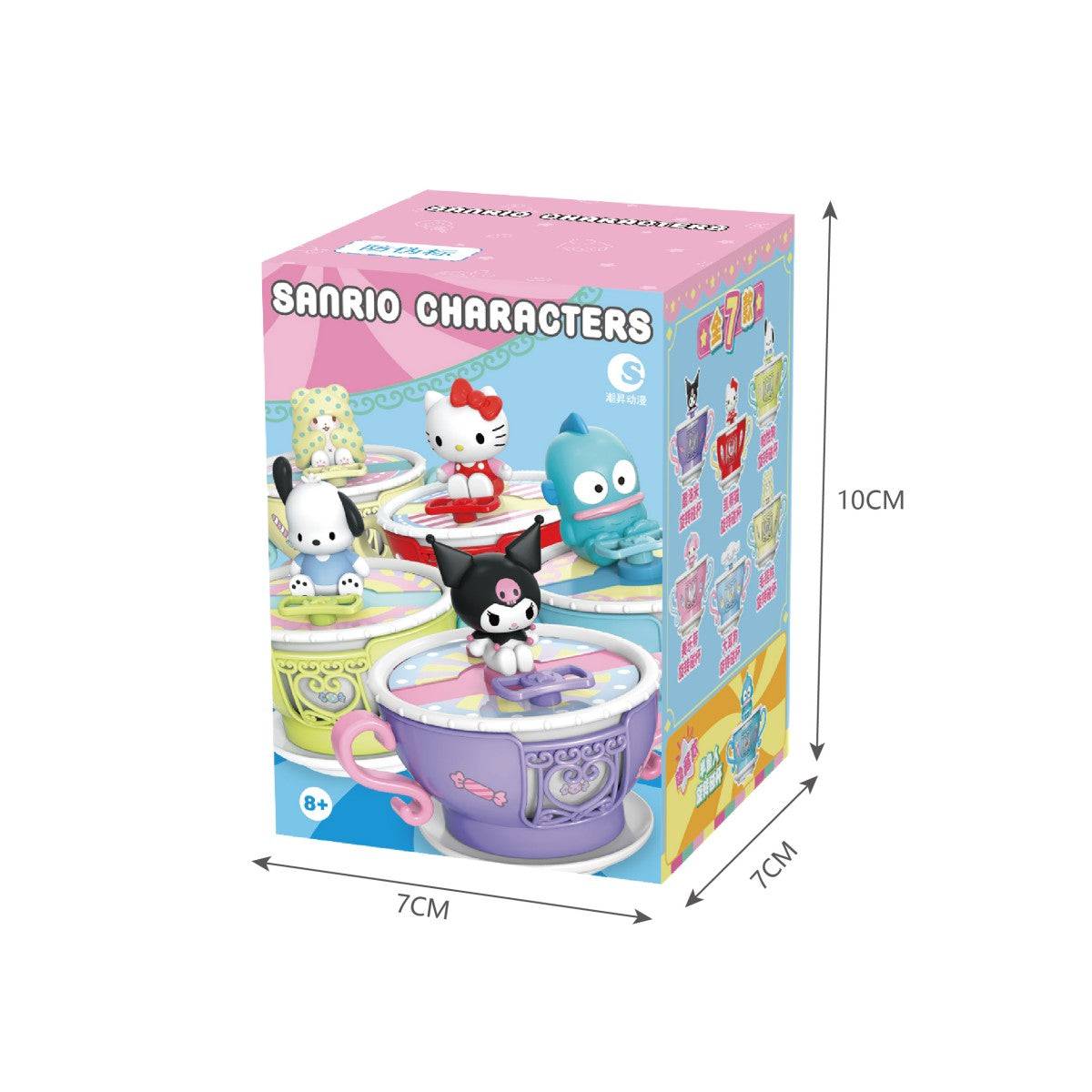 Sanrio Blind Box packaging showcasing various collectible teacup designs with Sanrio characters, dimensions 7x7x10 cm.