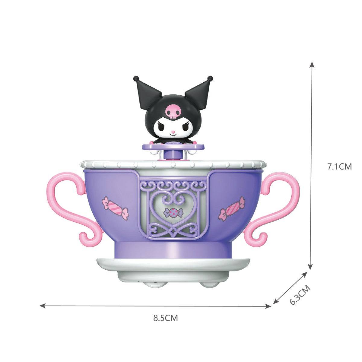 Purple teacup from Sanrio Blind Box Rotation Cup Series KT-010640 with Kuromi character on top, measuring 8.5x6.3x7.1 cm.