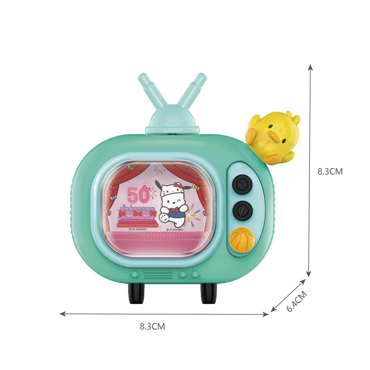 Green Sanrio Blind Box Hello Kitty 50th Anniversary handheld TV toy with a yellow bird character and detailed dimensions.
