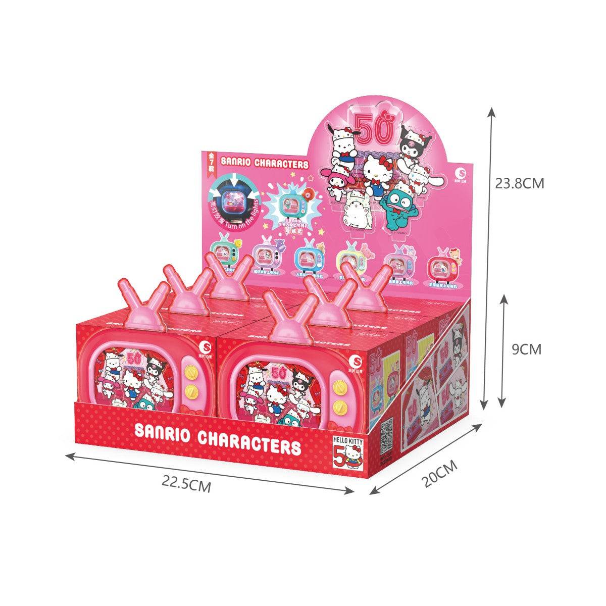 Sanrio Blind Box Hello Kitty 50th Anniversary display box with red TV-themed packaging and dimensions for retail presentation.