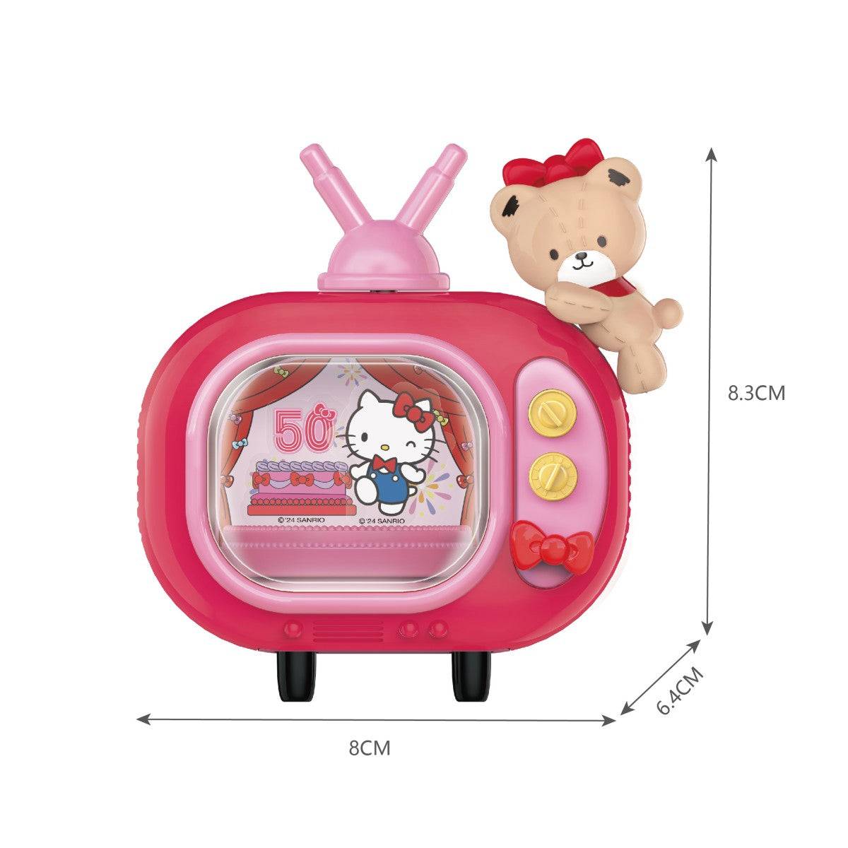 Pink Sanrio Blind Box Hello Kitty 50th Anniversary handheld TV toy featuring Hello Kitty and a teddy bear with detailed dimensions.