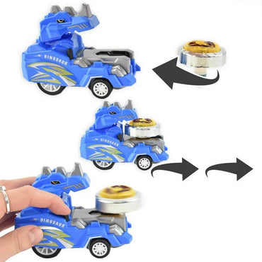 Blue dinosaur car from FUNTOP Dinosaurs Top Car Suit launching a spinning top with press-to-send action feature.